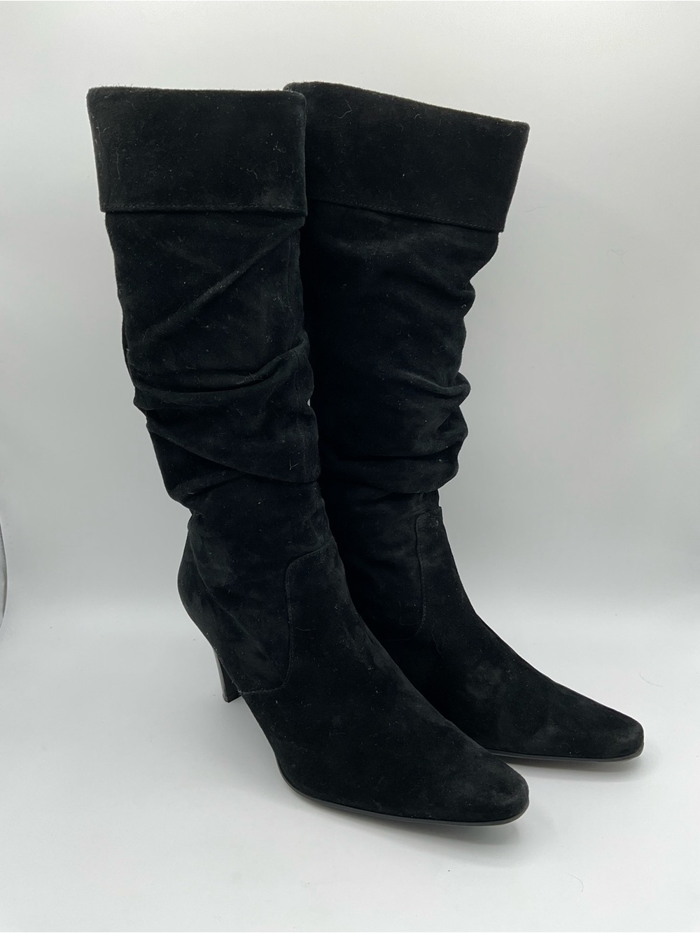 Women's Black Suede Knee-High Heeled Boots